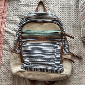 Fossil Blue and Cream Striped Backpack with Brown Accents